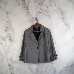 Talbots Blazer 12 Large Tweed Black White One Button Cuffed Cotton Crop Pleated